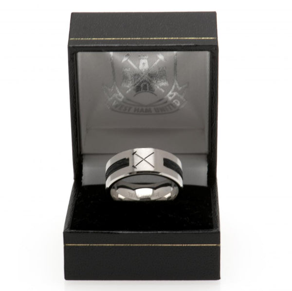 West Ham United FC Black Inlay Ring Small HM LKT Sport Stainless steel ring featuring a black rope insert Brushed satin finish and engraved with the West Ham hammers Official licensed product Internal diameter approx 19mm Ring size R Presented in a gift b