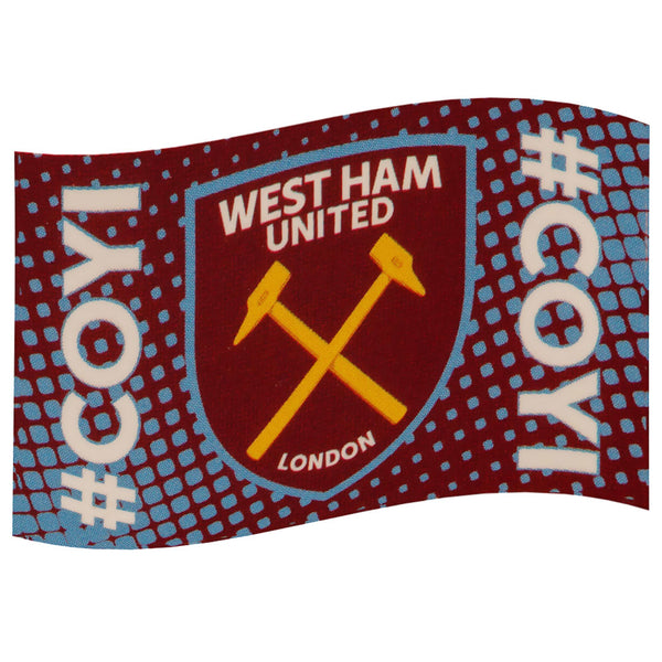 West Ham United FC COYI Flag LKT Sport Large 100% polyester supporters flagThis flag features a full colour Hammers crest and the iconic slogan #COYIPerfect for any wall with ready to hang metal eyeletsOfficial licensed productApprox 152cm x 91cm (5ft x 3