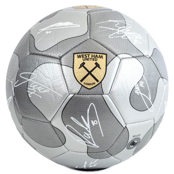 West Ham United FC Camo Sig Football LKT Sport High spec metallic finish 32 panel synthetic footballStriking silver colour featuring the Hammers crest and official player signature prints in whiteSuitable for 14 yrs and olderOfficial licensed productSize