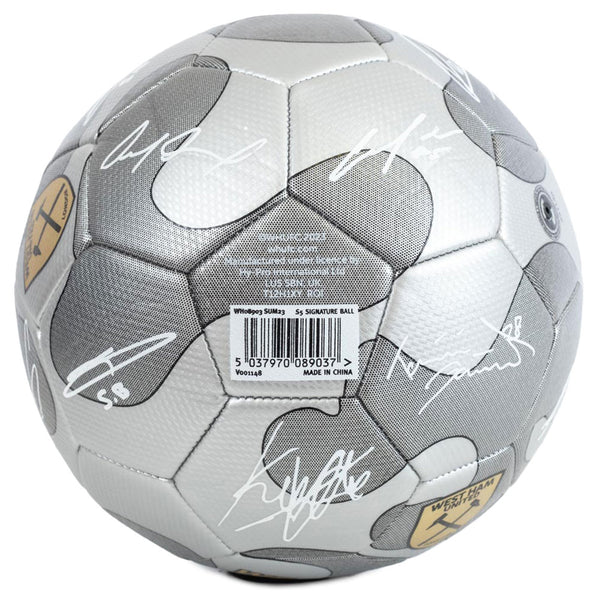 West Ham United FC Camo Sig Football LKT Sport High spec metallic finish 32 panel synthetic footballStriking silver colour featuring the Hammers crest and official player signature prints in whiteSuitable for 14 yrs and olderOfficial licensed productSize