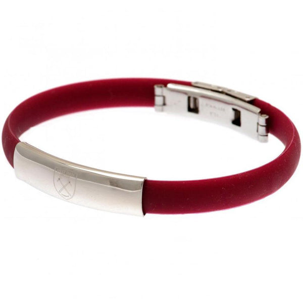 West Ham United FC Colour Silicone Bracelet LKT Sport Claret flexi silicone bracelet Featuring a club crest engraved plate Stainless steel deployment clasp Official licensed product Approx 20cm x 1cm In a blister pack Bracelets
