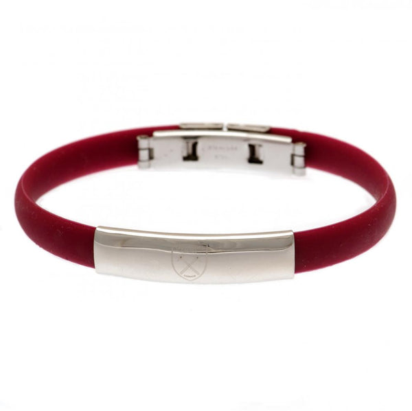 West Ham United FC Colour Silicone Bracelet LKT Sport Claret flexi silicone bracelet Featuring a club crest engraved plate Stainless steel deployment clasp Official licensed product Approx 20cm x 1cm In a blister pack Bracelets
