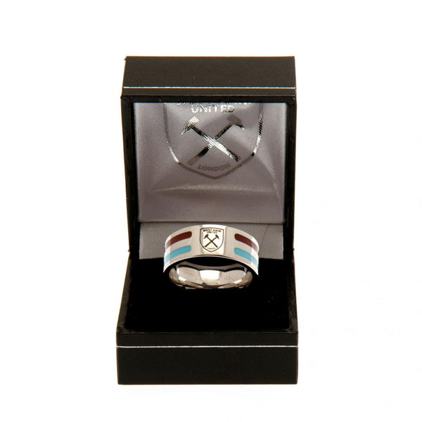 West Ham United FC Colour Stripe Ring Large LKT Sport Stainless steel ring featuring claret and blue colour inserts Chrome finish and engraved with the Hammers crest Official licensed product Internal diameter approx 21mm Ring size X Presented in a gift b