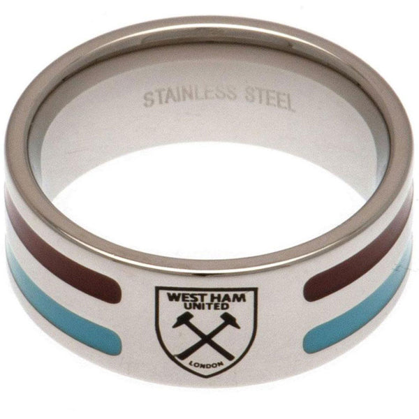 West Ham United FC Colour Stripe Ring Medium LKT Sport Stainless steel ring featuring claret and blue colour inserts Chrome finish and engraved with the Hammers crest Official licensed product Internal diameter approx 20mm Ring size U Presented in a gift