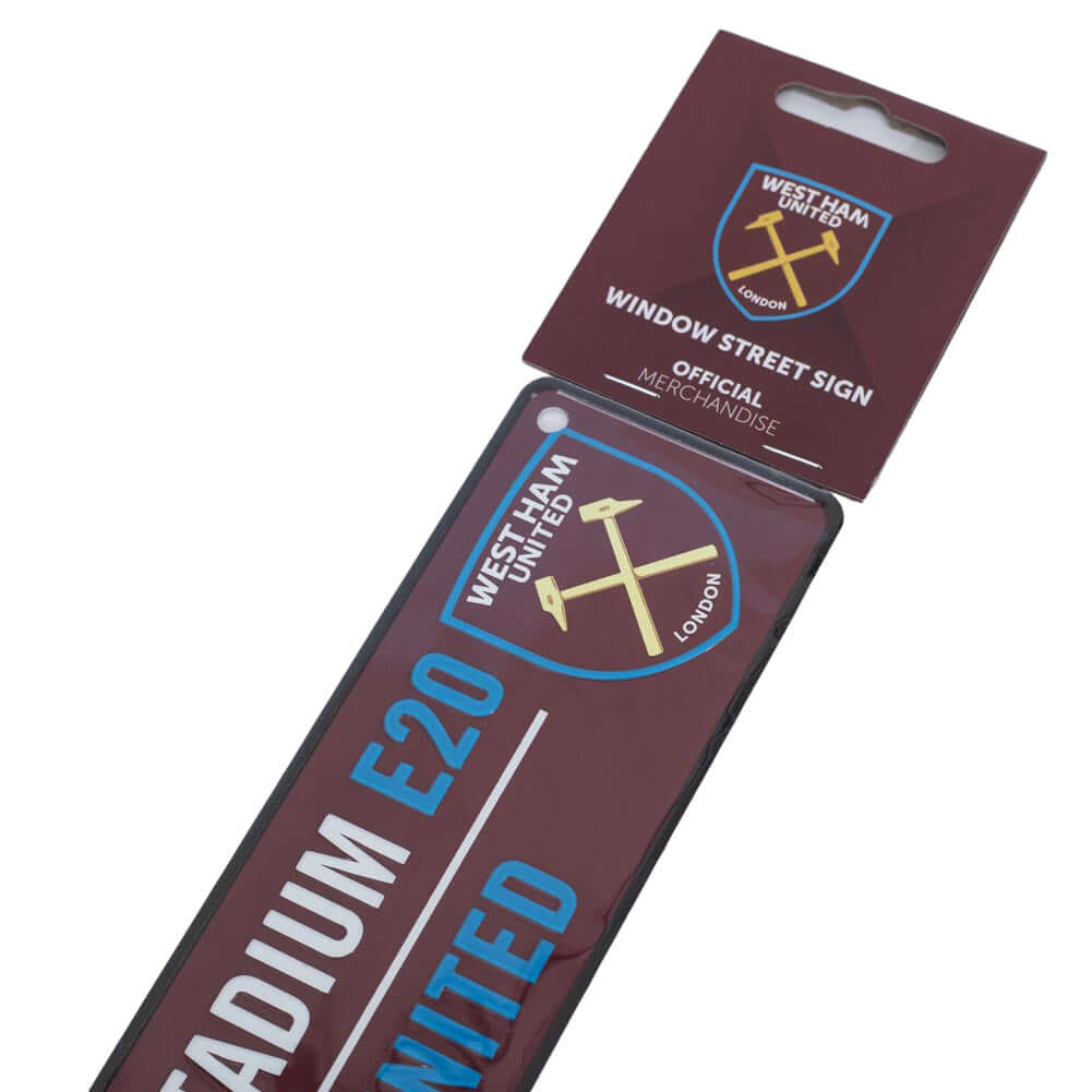 West Ham United FC Colour Window Sign LKT Sport Design stamped metal window signLondon Stadium E20 road sign, the home of West Ham United FCReady to hang with rubber window suckersOfficial licensed productApprox 26cm x 7cm Novelty Signs