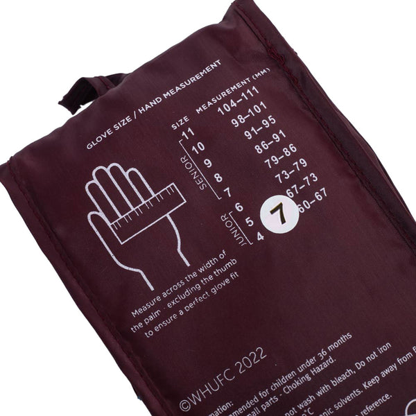 West Ham United FC Delta Goalkeeper Gloves Yths LKT Sport Claret delta design goalkeeper gloves featuring the West Ham crest in whiteWith a latex foam palm and lightweight foam backingElastic strap for secure fitOfficial licensed productSize youthsTo fit