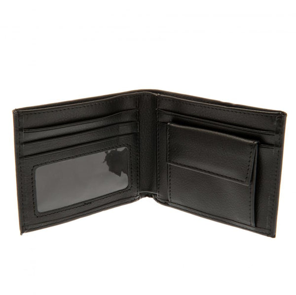 West Ham United FC Embroidered Wallet LKT Sport Black PU wallet featuring a large embroidered club crest 3 card slots, a window slot and 2 note pockets Change pocket with secure stud fastener 2 additional compartments Official licensed product Approx 11cm