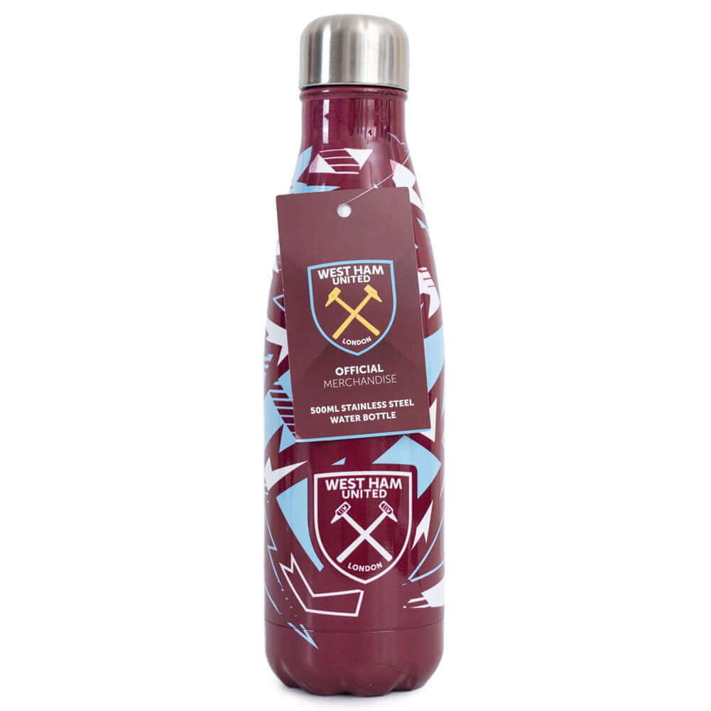 West Ham United FC Fragment Thermal Flask LKT Sport Stainless steel thermal vacuum flaskClaret bottle with a sky blue and white fragment pattern and West Ham crestMaintains the temperature of your drink for up to 24hrsWith a screw top lidOfficial licensed