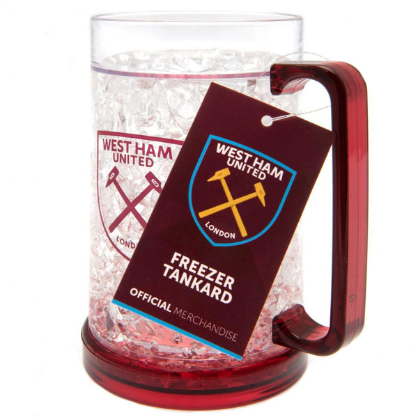 West Ham United FC Freezer Mug LKT Sport Frosted effect double walled gel filled freezer mug Featuring Claret base, handle and West Ham club crest Official licensed product Approx 420ml (14oz) Approx 15cm tall, 9cm in diameter With a swing tag Mugs
