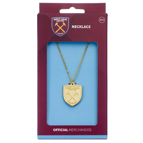 West Ham United FC Gold Finish Crest Necklace LKT Sport Hypo-allergenic gold finish necklaceFeaturing a West Ham Crest pendantSuitable for ages 14+Official licensed productNecklace approx 40cm (15.5 inches) with 5cm extenderPendant approx 25mm x 22mm Neck