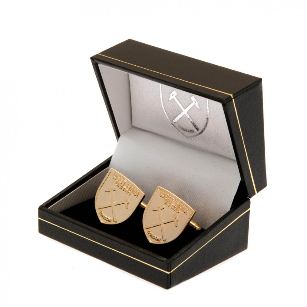West Ham United FC Gold Plated Cufflinks LKT Sport Gold Plated crest shaped cufflinksFeaturing a highly detailed formed Hammers crestOn a bullet back fixingOfficial licensed productApprox 20mm x 22mm Cufflinks