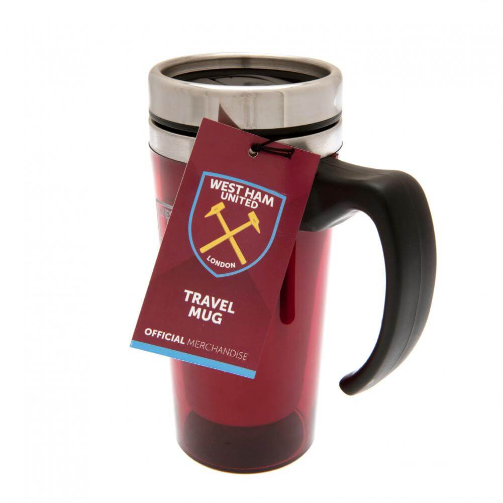 West Ham United FC Handled Travel Mug LKT Sport Stainless steel double-walled thermal travel mugMaintains the temperature of your drink for longerClaret translucent finish with a printed West Ham crestScrew top lid with slide closing drinking holeFeatures