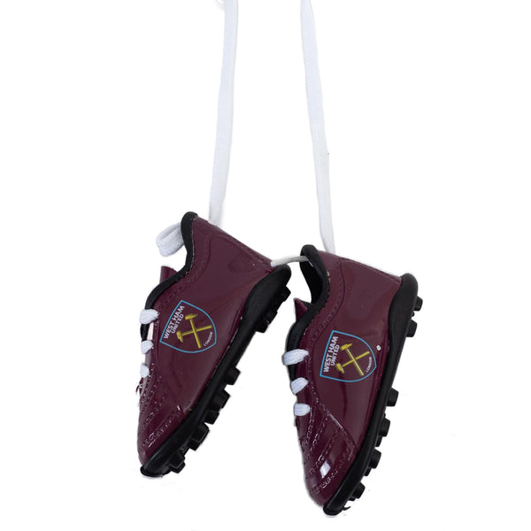 West Ham United FC Mini Football Boots LKT Sport Pair of detailed mini football boots with laces Claret boots with a printed Hammers crest on each side Comes with a woven string ready for hanging at home or in your car Official licensed product Approx 8cm
