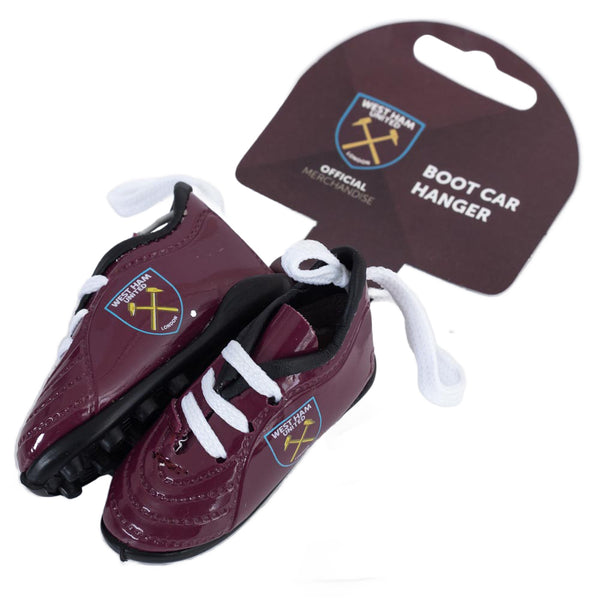 West Ham United FC Mini Football Boots LKT Sport Pair of detailed mini football boots with laces Claret boots with a printed Hammers crest on each side Comes with a woven string ready for hanging at home or in your car Official licensed product Approx 8cm