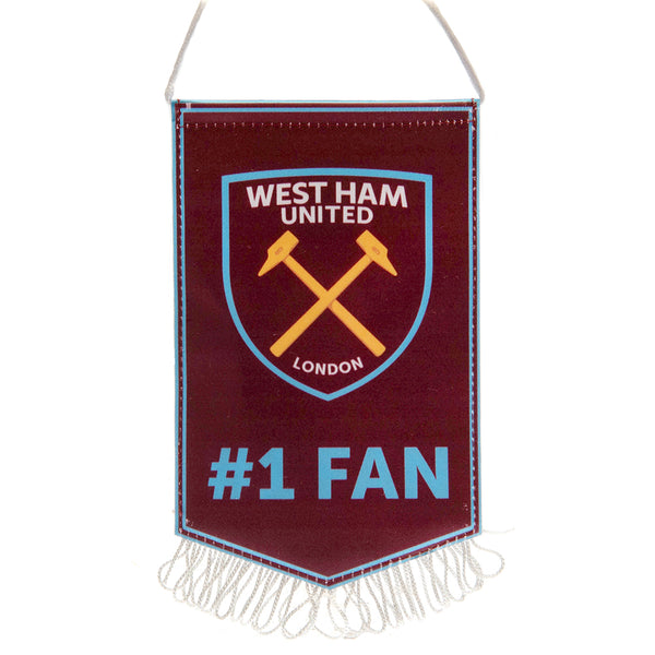 West Ham United FC No.1 Fan Mini Pennant LKT Sport Satin look irons #1 fan design pennantFeaturing the Irons logo on a claret backgroundFinished with white tassels and hanging stringIdeal for your car or windowOfficial licensed productApprox 16cm x 10cm F