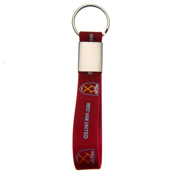 West Ham United FC Silicone Keyring LKT Sport Silicone strap keyring with silver colour metal band and split ring Vibrant claret strap with full colour crest and west ham united text design Official licensed product Approx 10cm x 1.5cm On a header card Ke