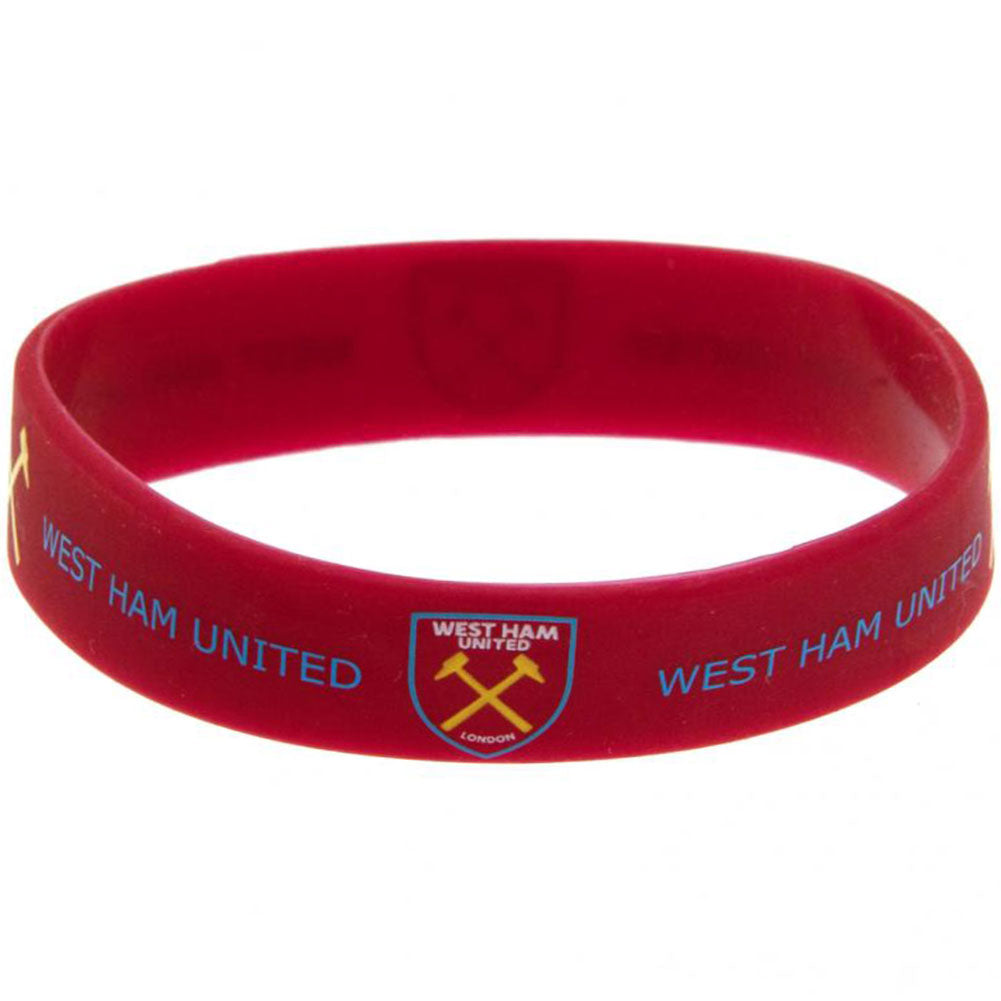 West Ham United FC Silicone Wristband LKT Sport Vibrant claret silicone rubber wristband Features West Ham United text and Crossed Hammers crest design One size fits all Official licensed product Approx 7cm in diameter On a header card Wristbands