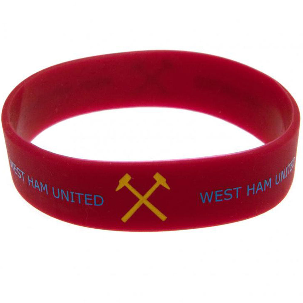West Ham United FC Silicone Wristband LKT Sport Vibrant claret silicone rubber wristband Features West Ham United text and Crossed Hammers crest design One size fits all Official licensed product Approx 7cm in diameter On a header card Wristbands
