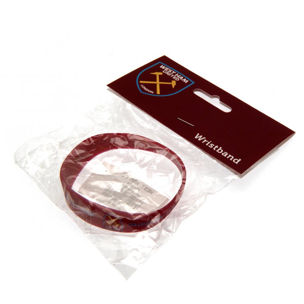 West Ham United FC Silicone Wristband LKT Sport Vibrant claret silicone rubber wristband Features West Ham United text and Crossed Hammers crest design One size fits all Official licensed product Approx 7cm in diameter On a header card Wristbands