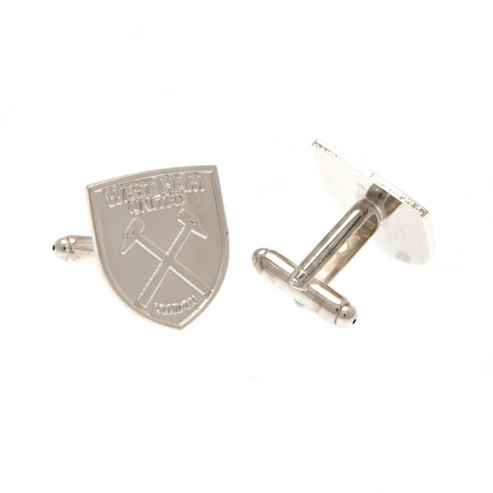 West Ham United FC Silver Plated Formed Cufflinks LKT Sport Silver plated crest shaped cufflinks in a chrome finish Featuring a highly detailed formed Hammers crest On a bullet back fixing Official licensed product Approx 22mm x 18mm Presented in a gift b