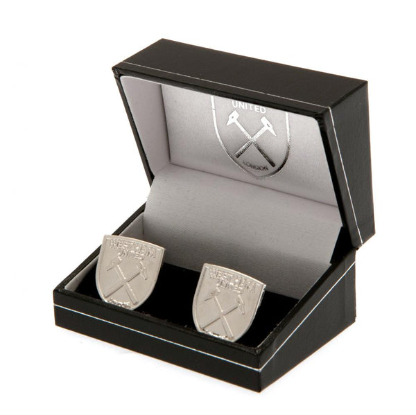 West Ham United FC Silver Plated Formed Cufflinks LKT Sport Silver plated crest shaped cufflinks in a chrome finish Featuring a highly detailed formed Hammers crest On a bullet back fixing Official licensed product Approx 22mm x 18mm Presented in a gift b