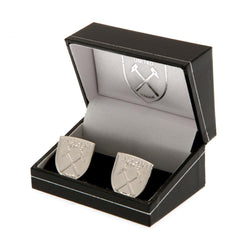 West Ham United FC Silver Plated Formed Cufflinks LKT Sport Silver plated crest shaped cufflinks in a chrome finish Featuring a highly detailed formed Hammers crest On a bullet back fixing Official licensed product Approx 22mm x 18mm Presented in a gift b