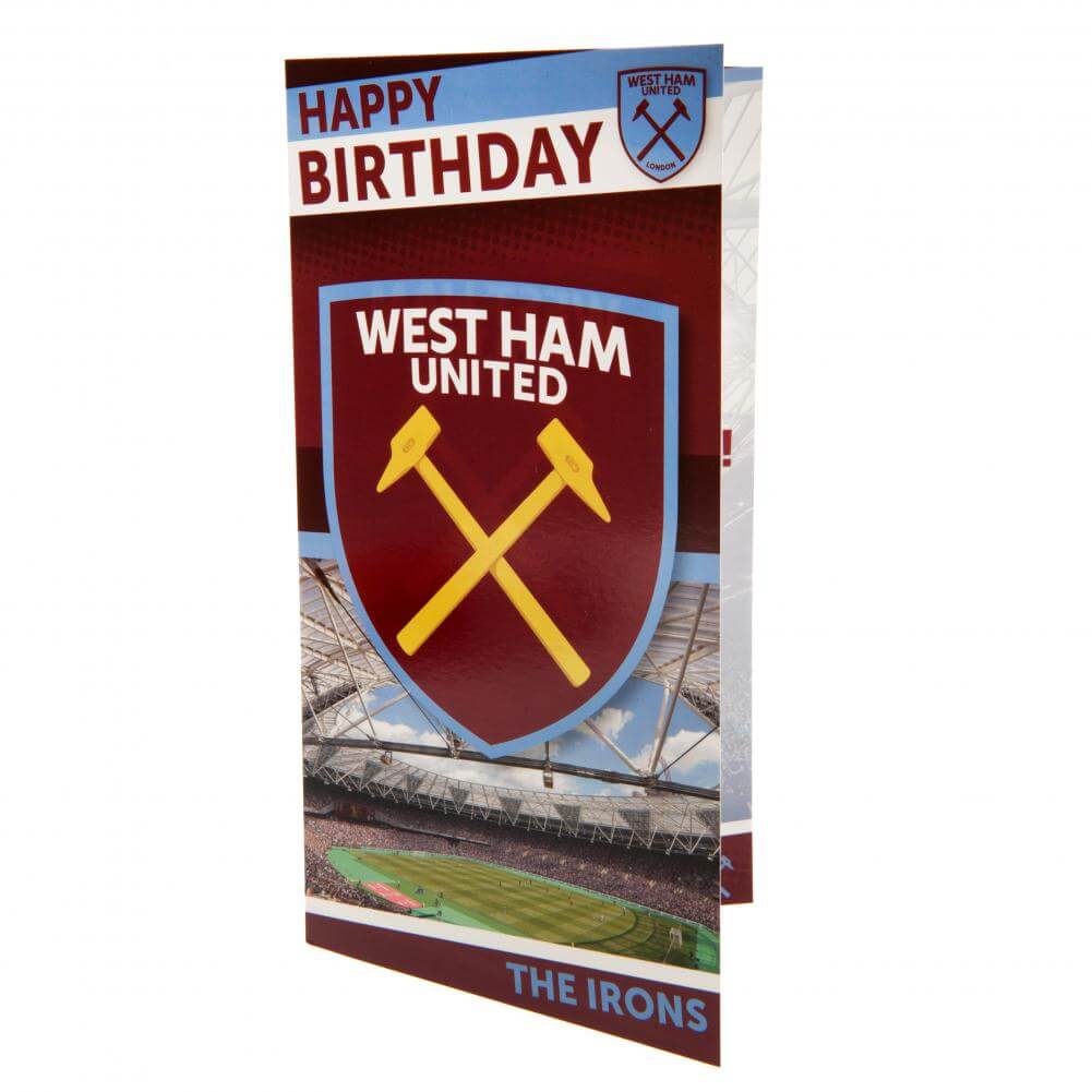 West Ham United FC Stadium Birthday Card LKT Sport Claret and blue gloss finish birthday cardFeaturing a large full colour West Ham crest and stadium graphicMessage inside reads 'Have a Fantastic Day!'Official licensed productApprox 22cm x 12cm Greeting C