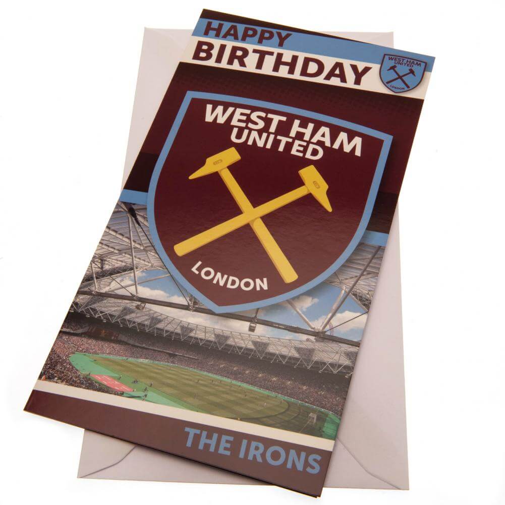 West Ham United FC Stadium Birthday Card LKT Sport Claret and blue gloss finish birthday cardFeaturing a large full colour West Ham crest and stadium graphicMessage inside reads 'Have a Fantastic Day!'Official licensed productApprox 22cm x 12cm Greeting C