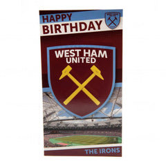West Ham United FC Stadium Birthday Card LKT Sport Claret and blue gloss finish birthday cardFeaturing a large full colour West Ham crest and stadium graphicMessage inside reads 'Have a Fantastic Day!'Official licensed productApprox 22cm x 12cm Greeting C
