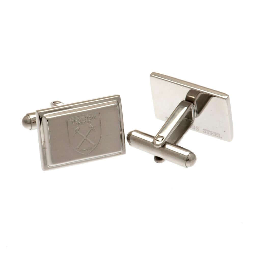 West Ham United FC Stainless Steel Cufflinks LKT Sport Stainless steel rectangular cufflinks in a brushed satin finishEach cufflink is engraved with the West Ham crestOn a bullet back fixingOfficial licensed productApprox 20mm x 10mm Cufflinks