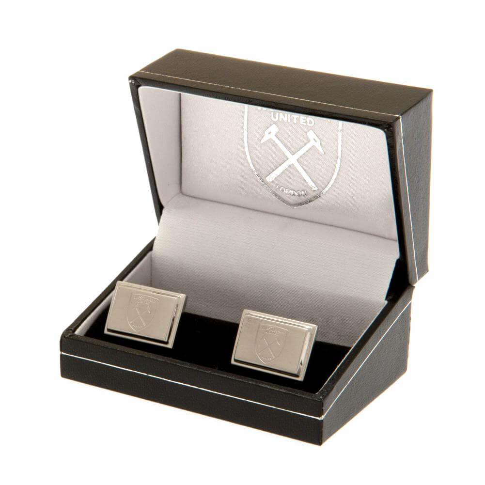 West Ham United FC Stainless Steel Cufflinks LKT Sport Stainless steel rectangular cufflinks in a brushed satin finishEach cufflink is engraved with the West Ham crestOn a bullet back fixingOfficial licensed productApprox 20mm x 10mm Cufflinks