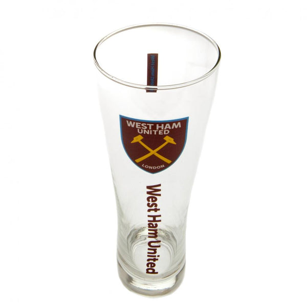 West Ham United FC Tall Beer Glass LKT Sport Tall slim pilsner style pint glass Features West Ham United text in claret and full colour club crest White West Ham United text on small claret block detail on reverse Official licensed product Approx 570ml (1