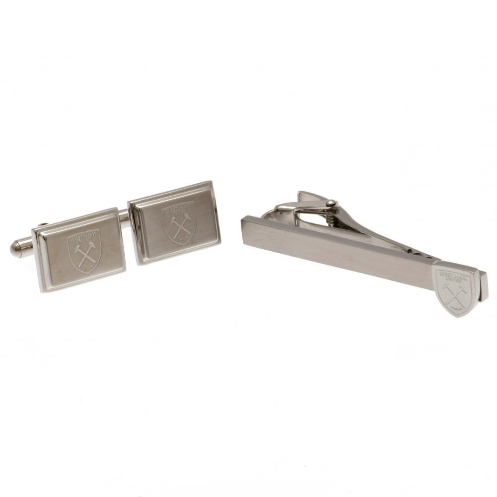 West Ham United FC Tie Slide & Cufflink Set LKT Sport Stylish and discreet design tie slide with executive cufflinks Stainless steel pin featuring the Hammers crest with a crocodile clip back Stainless steel satin finish cufflinks featuring an engraved Ha