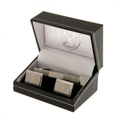 West Ham United FC Tie Slide & Cufflink Set LKT Sport Stylish and discreet design tie slide with executive cufflinks Stainless steel pin featuring the Hammers crest with a crocodile clip back Stainless steel satin finish cufflinks featuring an engraved Ha