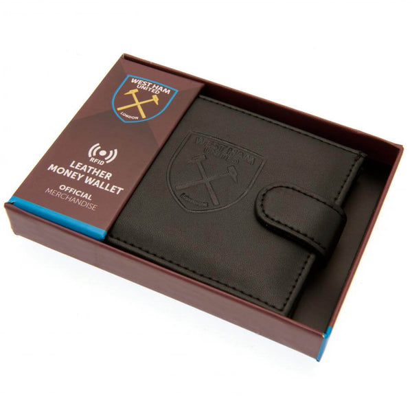 West Ham United FC rfid Anti Fraud Wallet LKT Sport Black leather wallet with RFID anti fraud technologyFeatures a large debossed club crest and secure stud fastener3 card slots and a window compartment2 note compartments1 additional compartmentOfficial l