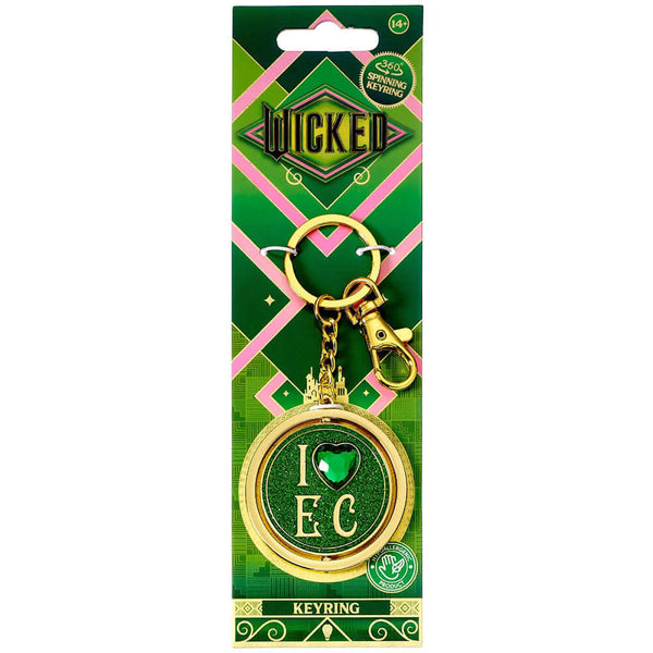 Wicked I Love Emerald City Spinner Keyring LKT Sport Metal die stamped spinner keyring with chain and split ringFeaturing "I love The Emerald City" with heart-shaped crystal detailReverse features Glinda and ElphabaMetal alloy with gold style finishOffici