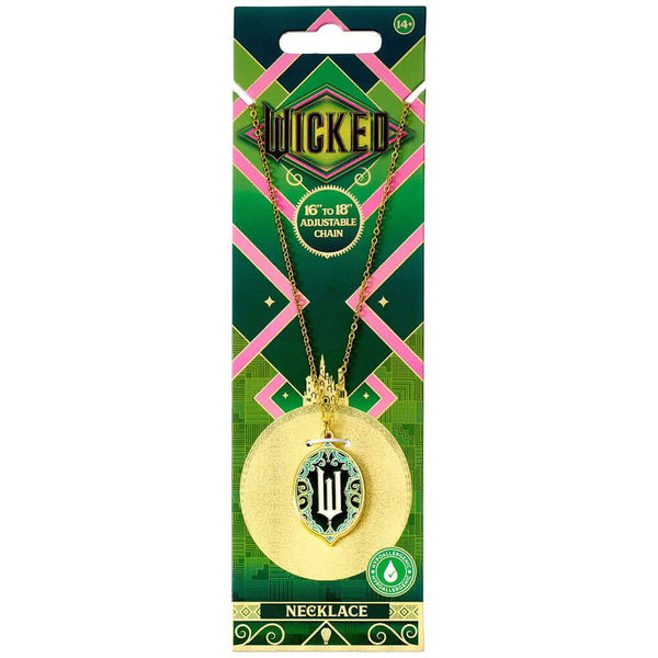 Wicked Silver Plated Emerald City Necklace LKT Sport Wicked logo on a silver plated necklaceLink chain necklace with a 6cm (2.5in) extender chainOfficial licensed productNecklace approx 40cm (16in)Pendant approx 20mm x 30mm Necklaces