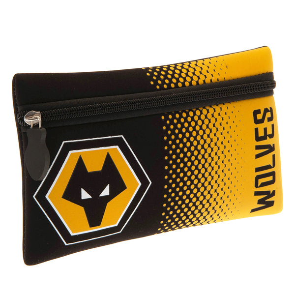 Wolverhampton Wanderers FC Fade Pencil Case LKT Sport Essential neoprene zipped pouch pencil caseFeatures a full colour Wolves crest on a yellow and black fade designSoft sponge feel with a rubber zip pullOfficial licensed productApprox 22cm x 13cm Pen &