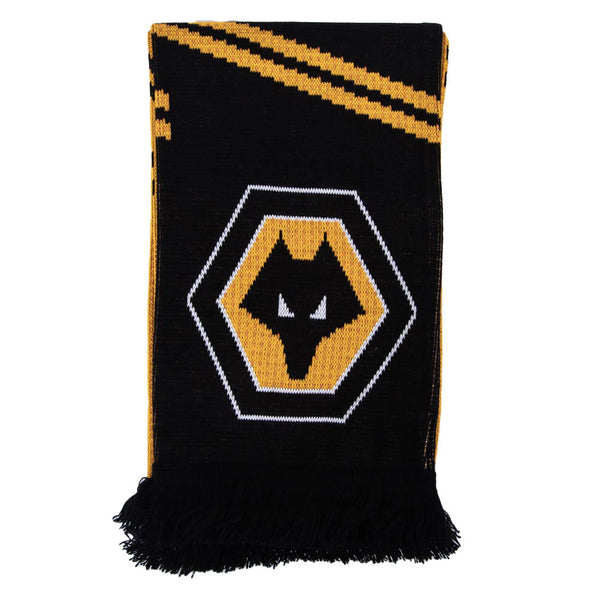 Wolverhampton Wanderers FC Vertigo Scarf LKT Sport Gold and black jacquard knit scarf with black fringeBoth sides feature Wolves text with a large club crestOfficial licensed productApprox 132cm x 19cm Scarves