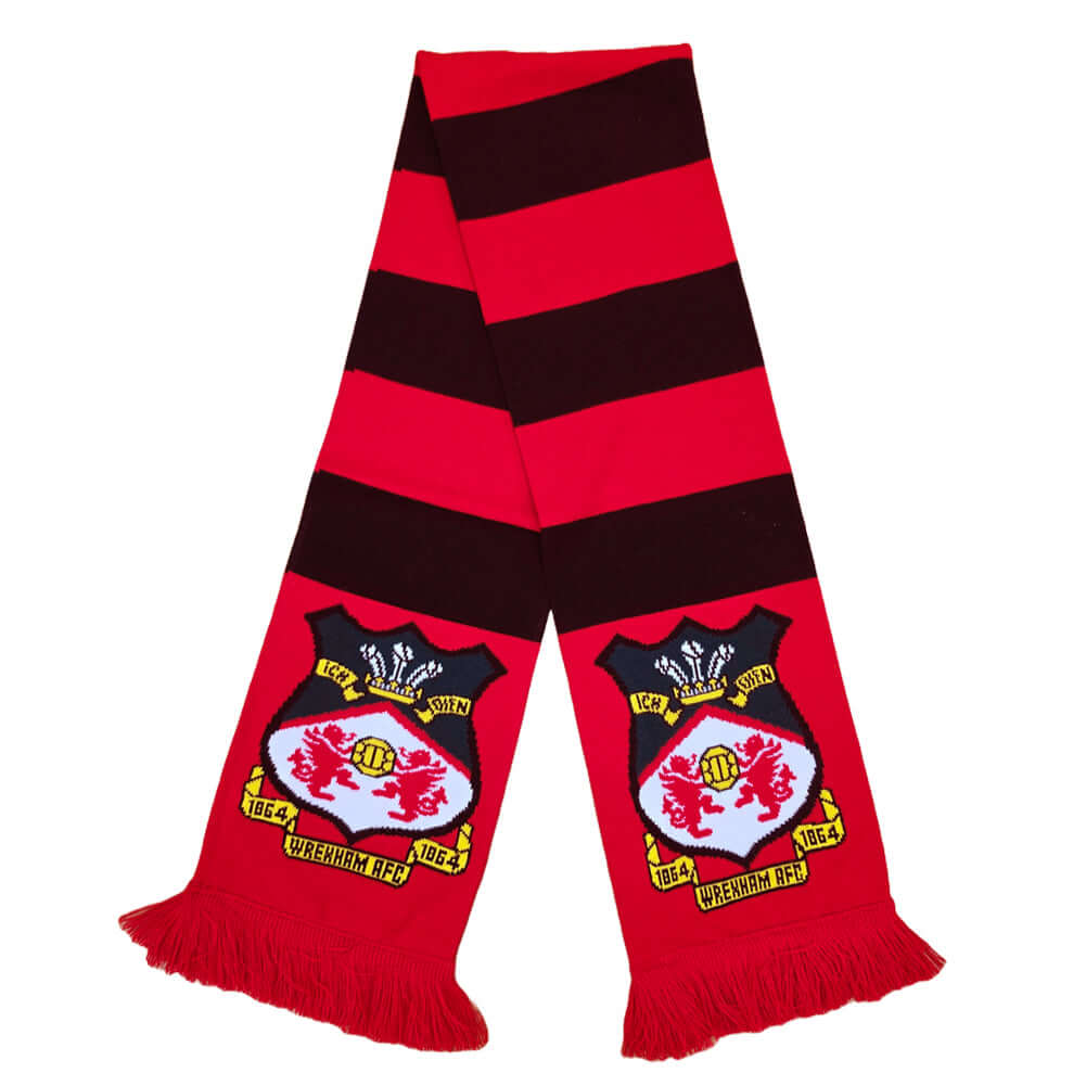 Wrexham AFC HD Bar Scarf LKT Sport Red and black bar stripe design jacquard knit scarf with red fringeBoth sides feature a large Wrexham club crest at each endOfficial licensed productApprox 132cm x 19cm Scarves Imagen principal del producto