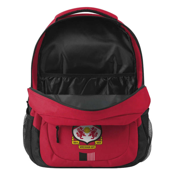 Wrexham AFC Ultra Action Backpack LKT Sport Ultra design backpack featuring Wrexham club crestMain compartment has a large double zipped opening for easy accessInternal elasticated pouch and front zipped pocket2 mesh side pocketsOfficial licensed productA