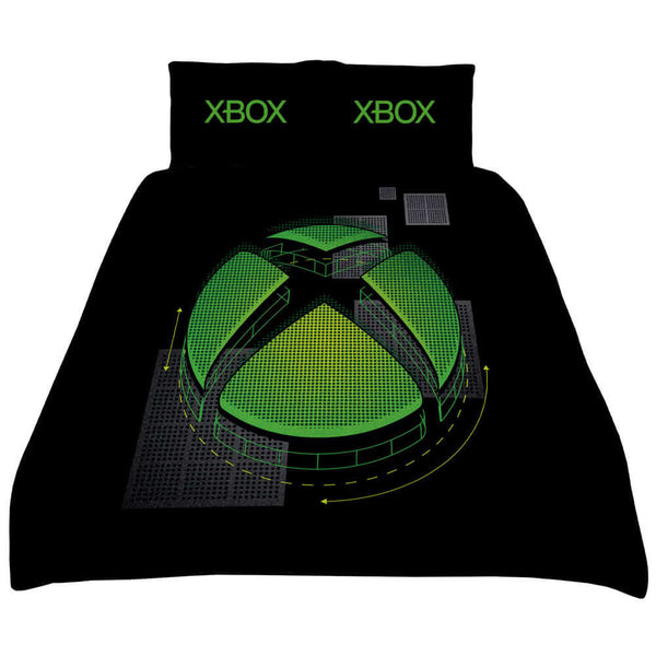 Xbox Double Duvet Set LKT Sport Bed linen set to fit standard double bedsBlack quilt cover featuring a graphic design of the Xbox logoReverse features a multi logo designBlack pillowcases featuring the Xbox logo52% Polyester 48% cotton, machine washableOf